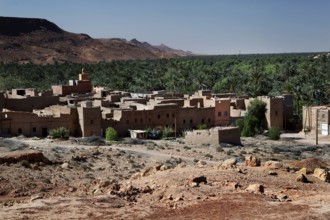 View of picturesque Tissirt in front of a green palm oasis, Tissirt, Niger, Morocco
