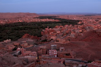 Panorama of Tinerhir at sunset with view of the city and valley, Tinerhir, Morocco