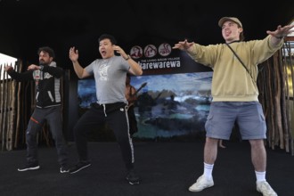 Three tourists taking part in a Haka performance and having fun on stage, Rotorua, Bay of Plenty,