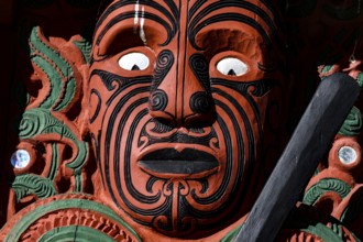 Detailed Maori carving at the Treaty Ground in Waitangi, Waitangi, Northland, New Zealand