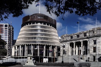 The iconic 'Beehive' parliament building with the neoclassical façade in Wellington, Wellington,