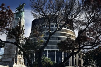 Parliament building in Wellington partly obscured by trees under clear skies, Wellington, New
