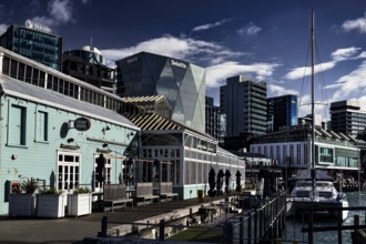 Urban waterfront architecture with boat launch in Wellington, Wellington, New Zealand