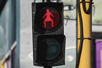 Red pedestrian light shows a male Haka dancing in Wellington, Wellington, New Zealand