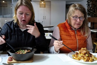 Two woman enjoy a meal at Penang restaurant in Wellington, Wellington, North Island, New Zealand