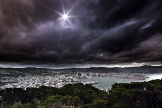 View of Wellington and the ocean from Mount Victoria Lookout under dramatic cloudy sky, Wellington,