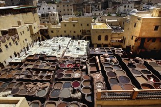 The hustle and bustle of a traditional leather tannery in Fez with countless paint basins, Fez,