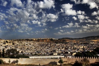 Panoramic view of Fez from the south with a mix of ancient architecture under a picturesque sky,