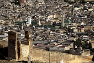 View from the merinid tombs over Fez with visible city walls, Fez, Fez el Bali, Morocco