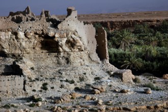 Dilapidated kasbah overlooking green vegetation and barren surroundings, Meski, Morocco