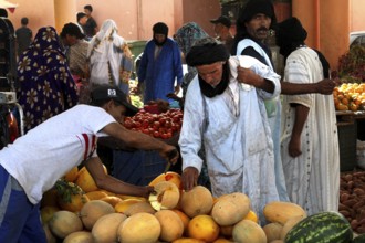 People buy melons on vegetable souk in Guelmim, Guelmim, Guelmim-Oued Noun, Morocco