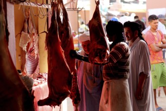People buy meat in the meat souk of Guelmim, Guelmim, Guelmim-Oued Noun, Morocco