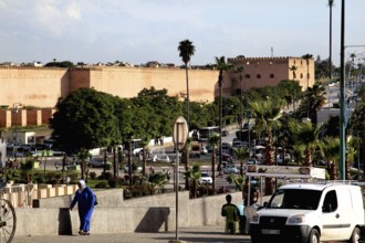City view with historic walls and lively road traffic, Meknès, Fès-Meknes, Morocco