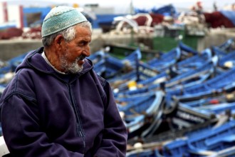 A fisherman sits in the harbor in front of numerous blue fishing boats, Essaouira, Marrakesh-Safi,