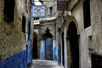 Narrow, blue-painted alley in the old town of Essaouira, Essaouira, Morocco