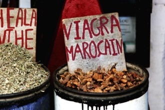 A market stall in the Essaouira souk with a sign 'Viagra Marocain', Essaouira, Morocco