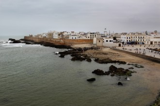 View of the coast and city walls of the old town of Essaouira, Essaouira, Morocco