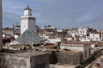 View over the rooftops of the old town with a distinctive minaret in Essaouira, Essaouira, Morocco