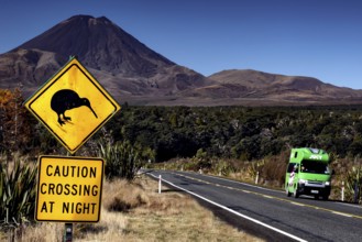 Yellow kiwi sign on roadside with green camper in front of majestic mountain, Tongariro National