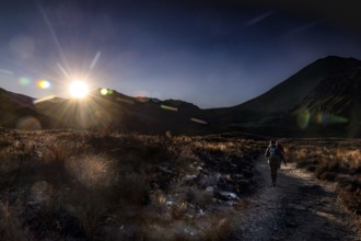 Sunrise over the trail in Tongariro Alpine Crossing, Tongariro National Park, North Island, New
