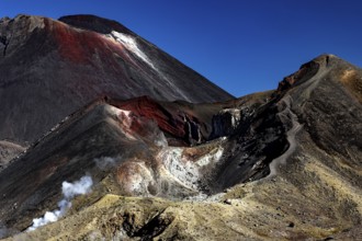 The imposing peaks of Mount Tongariro and Mount Ngauruhoe under clear skies, Tongariro National