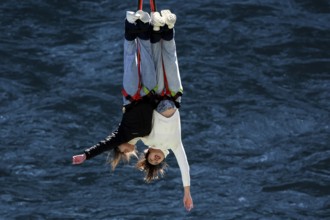 Double bungee jump from Kawarau Bridge across the blue water in Queenstown, Queenstown, New Zealand