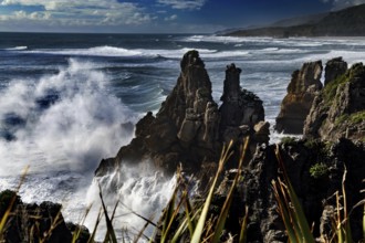 Pancake Rocks with rough seas in Punakaiki, dramatic waves and rocky coastline, Punakaiki, West