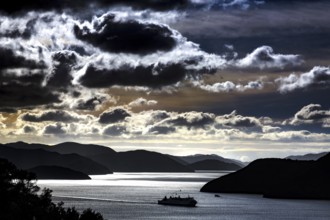Drive along Queen Charlotte Sound under dramatic clouds, Queen Charlotte Sound, Marlborough, New