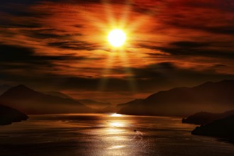 Sunrise bathes Mahau Sound in a red glow, Mahau Sound, Marlborough, New Zealand