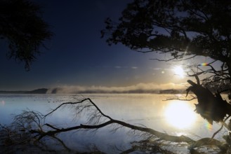 Sunrise over Lake Rotorua with dramatic reflections, Rotorua, Bay of Plenty, New Zealand