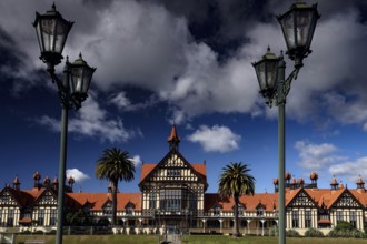 The Bath House in Government Gardens with majestic lanterns, Rotorua, Bay of Plenty, New Zealand