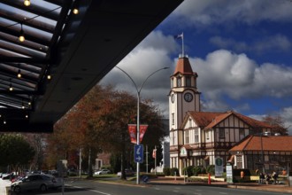 Historic building with clock tower in Rotorua on a sunny day, Rotorua, Bay of Plenty, New Zealand