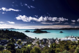 Breathtaking view of Paihia's Bay of Islands, lined with islands and city, Paihia, Bay of Islands,