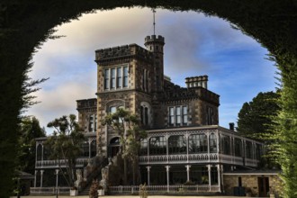 View of Larnach Castle through a tree opening, impressive architecture, Otago Peninsula, New