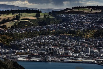 Panorama of Dunedin with densely built urban landscape and surrounding hills, Dunedin, Otago, New