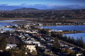 Wide view of hills and waterscape from Bluff Hill, Napier, Hawke's Bay, New Zealand