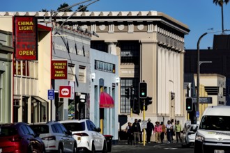 Urban street scene with art deco buildings and traffic, Napier, Hawke's Bay, New Zealand
