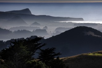 Blurred hills in morning fog along Highcliff Road, Otago Peninsula, New Zealand