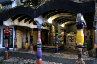 Colourful, artistic exterior view of the Hundertwasser toilet in Kawakawa, Kawakawa, New Zealand