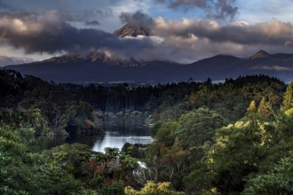 Lake Mangamahoe with Mount Taranaki in the background, surrounded by wooded landscape, New Zealand,