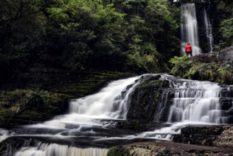 McLean Falls in a thick forest with running water and surrounding vegetation, Jackson Bay,