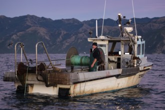 Small fishing boat on the sea against a mountainous backdrop in Kaikoura, Kaikoura, Canterbury, New