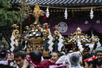 With Mikoshi on Sanja Matsuri surrounded by a dense crowd, Tokyo, Asakusa, Japan