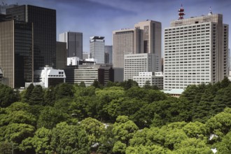 Urban view of Tokyo with view of Imperial Palace and surrounding palace gardens, Tokyo, Tokyo,