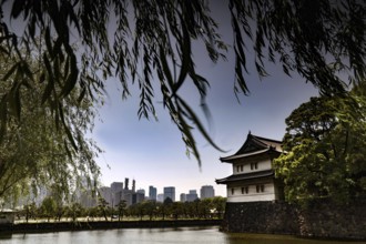Imperial Palace wall with moat, modern buildings in the background, Tokyo, Japan