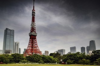 Tokyo Tower stands out on the horizon surrounded by green spaces and clouds, Tokyo, Japan
