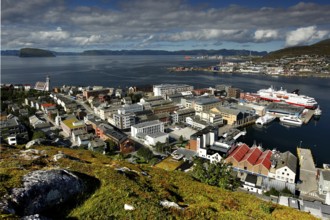 Panoramic view of Hammerfest with arriving Hurtigruten ship, Hammerfest, Finnmark, Norway