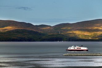 Hurtigruten ship off the wooded hills of Hammerfest on calm water, Hammerfest, Finnmark, Norway
