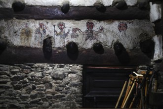 Interior view with old frescoes in the historic monastery church, Debre Damo, Tigray, Ethiopia