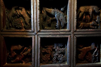 Interior view of the monastery church with decorated coffered ceiling, Debre Damo, Tigray, Ethiopia